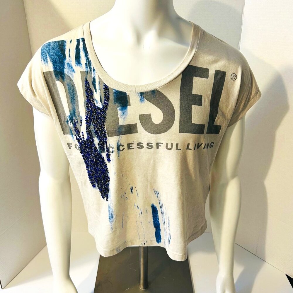 Diesel Unisex Scoop Neck Crop Top With Beaded Accents